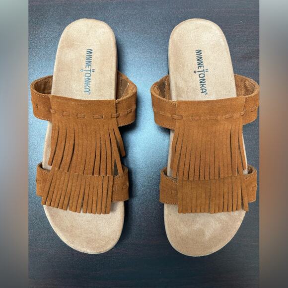 Minnetonka Womens Slides Sandals Brown Leather Fringe Boho Slip On Size 9 - Picture 2 of 9